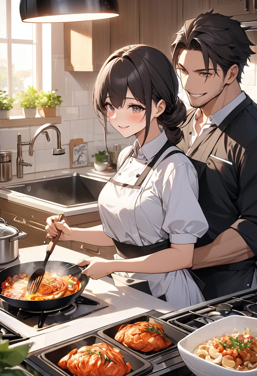 cover page, Cuisine Information Journal, highres, top quality, best quality, paid reward available, High-quality illustrations, unparalleled masterpiece, perfect artwork, absurdres(lovers, housekeeper girl, cooking, wolf husband)Newlyweds, kitchen, smile:0.2, perfect anatomy, cinematic lighting,