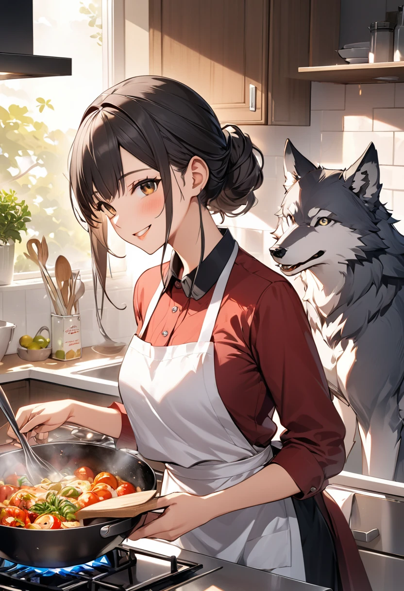 cover page, Cuisine Information Journal, highres, top quality, best quality, paid reward available, High-quality illustrations, unparalleled masterpiece, perfect artwork, absurdres(lovers, housekeeper girl, cooking, wolf husband)Newlyweds, kitchen, smile:0.2, perfect anatomy, cinematic lighting,
