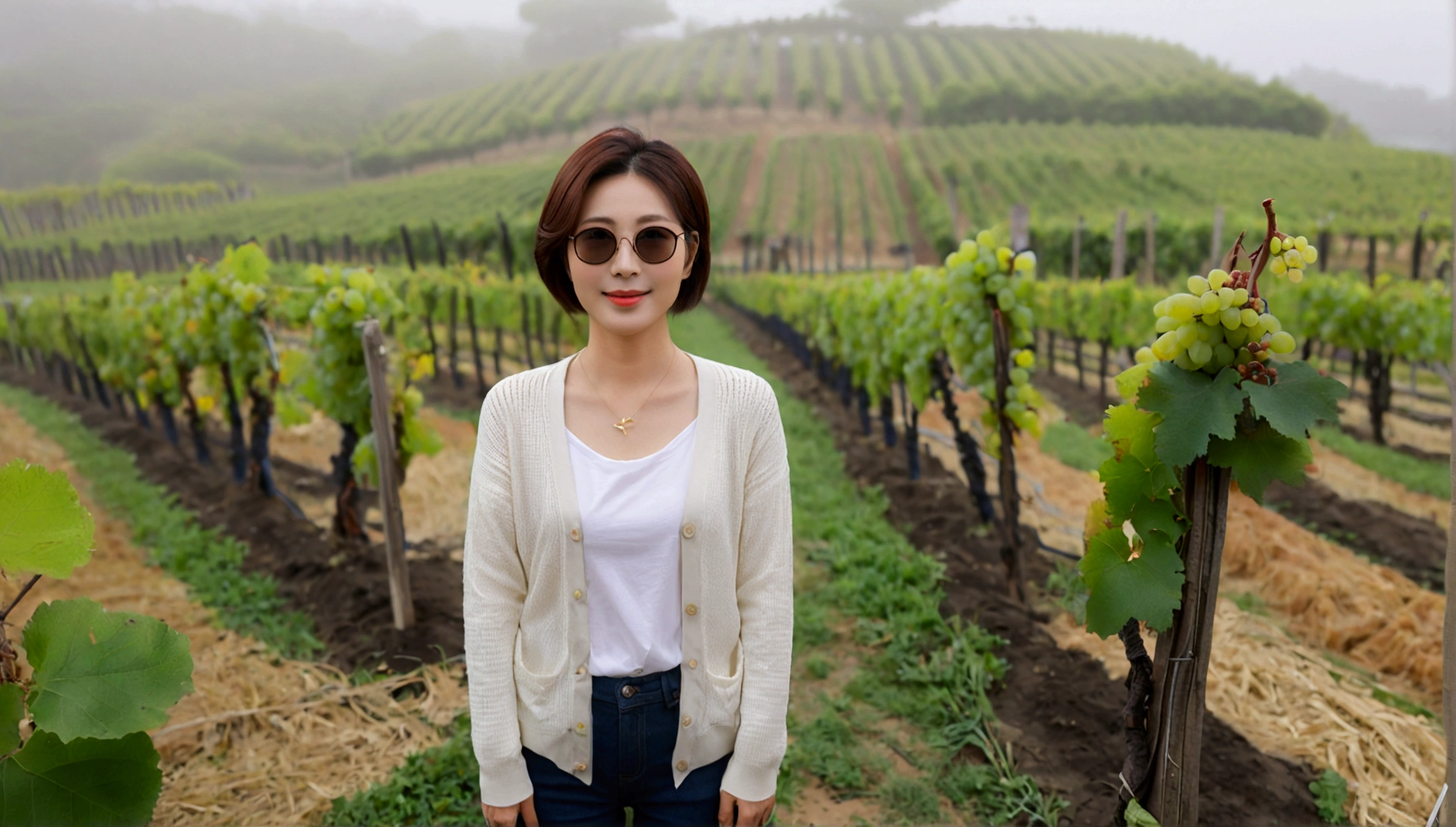 8k realistic, lifelike photo,, 36 year old Korean woman, Short in stature, pretty like a model. front view, white shirt and short cardigan, casual pants, short medium hair, smiling, Italy. vineyard, thick dawn fog. vineyard 지나 짙은 안개 속으로 저 멀리 성당이 보인다. Full body shot from afar with a wide angle lens , 1 woman, Short in stature, looking at the camera, superb picture quality, The morning fog thickens, The picture quality is alive.. Full body shot with Canon 16-35 wide angle lens, Wearing sunglasses with black horns and looking to the side., The cathedral is visible in the red morning sunlight.., standing on the hill
