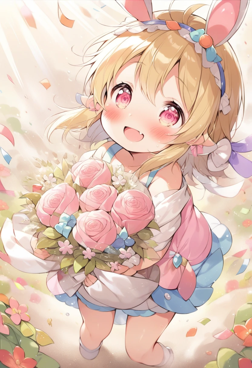 (best quality, masterpiece:1.2),(ultra high quality:1.2),smooth soft skin, natural skin, (super fine illustration:1.2), watercolor, breathtalking Scenery, breathtalking Beauty, breathtalking Cute, 
BREAK
(little female child:1.8), (loli:1.8), 4 years old, (loli toddler:1.3), (preschooler:1.1),(infant:1.1),flat chest,baby face,oily skin, ultra cute face, happy smile, beautiful eyes, detailed eyes
BREAK
(short blond:1.2) messy hair,(fang:1.1), (pink eyes:1.2), puffy eyes, antenna hair,double tooth, blond hair,
BREAK
exposed navel,(excessive detailed navel:1.2),cropped pink camisole, micro mini denim shorts,high waist,exposed shoulders,
(floppy rabbit ears head band:1.5),Lop-eared head band,
BREAK
(holding flower bouquet:1.5), (Finger behind the bouquet:1.2), (Hands behind the bouquet:1.5), Ultra detailed flowers, (flowers background:1.1), (Flower bouquet:1.1), Falling petals, celebration, Solo, Congratulations, (blush:1.2), Confetti, (dust particles:1.2), Starshine, bloom effect, bow ribbon,Leaf carpet, Create a mesmerizing display of power and beauty,sunshine,