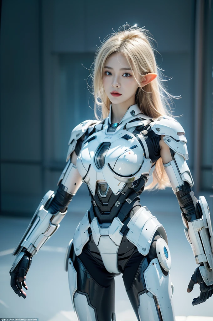 best quality, 1080P, Masterpiece, Whole body photo, Ultra high resolution, photorealistic photo, ultra realism, Realistic skin texture, light blonde hair, Extreme skin detail, dslr, Detailed eyes, Facing the camera, Very beautiful face, Firm facial structure, Pale skin, Realistic skin texture, Extreme skin detail, oc render reflection textures, Realistic light and shadow, One picture, alone, The body is slender and balanced.., Age 20, Height 170, สาวbare, bare, no underwear, A girl with the body of a mechanical robot.., Transparent futuristic black glass mech armor., Transparent light blue armor, The mechanical cervix is stuck in the neck.., Flat stomach, Woman with perfect mechanical arms and legs, full body view, Whole body photo, elf ears