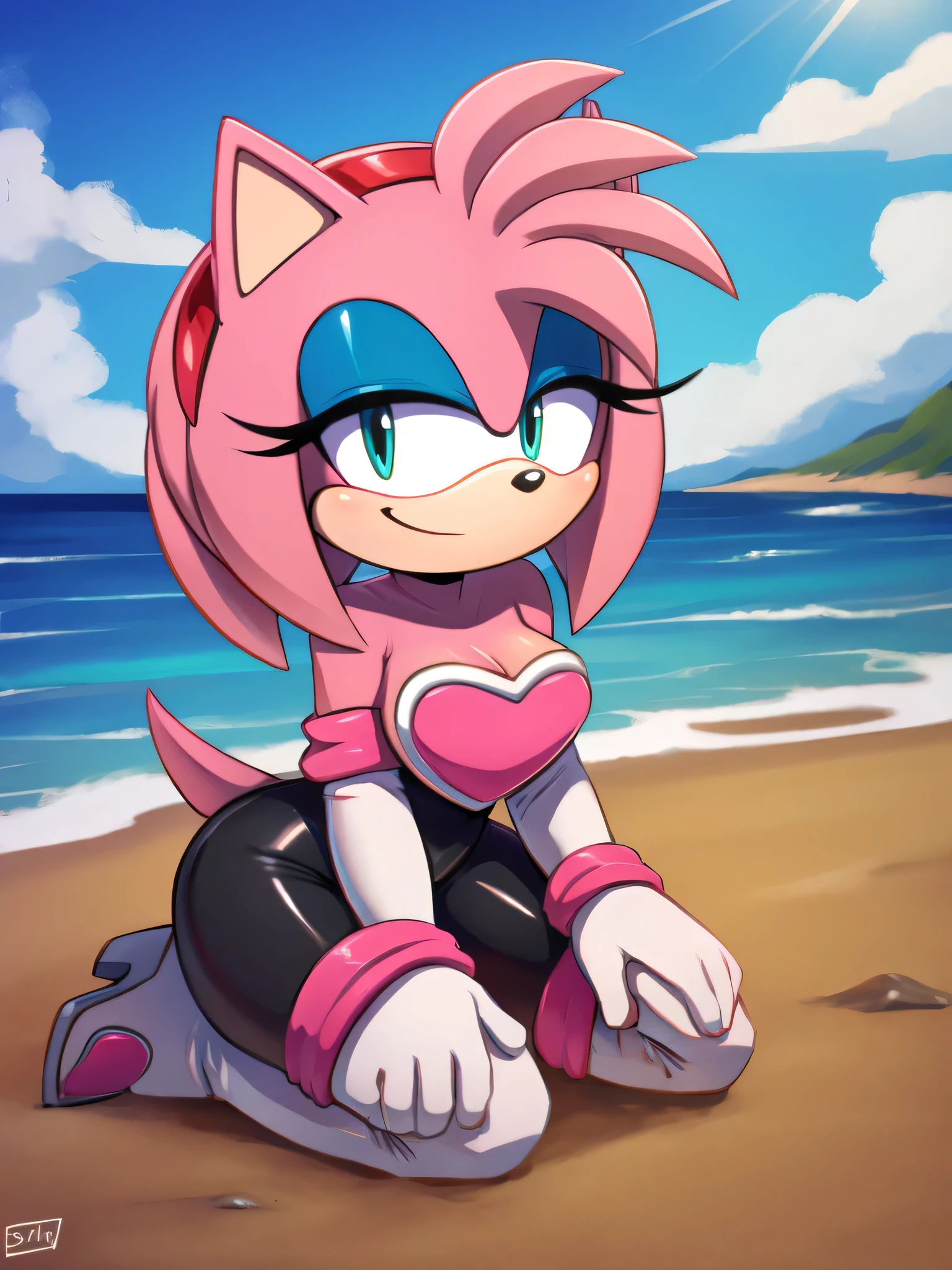 score_9, score_8_up, 2D, flat color, looking at viewer, (1girl), (solo), very detailed, extremely detailed, Amy Rose from the sonic the hedgehog series, portrait, seductive smile, hair down, hair bangs, medium breast, Rouge cosplay, cosplay, she wears a black skin-tight and strapless low-cut jumpsuit, a pink heart-shaped chest plate outlined with thin white trim, elbow-length white gloves and thigh-high high-heeled boots with pink cuffs to match them, with the latter featuring both gray soles and heels, matching her jumpsuit's chest plate, she sits down on a lounge chair on the beach with the ocean waves in a nice sunset, close up, wingless