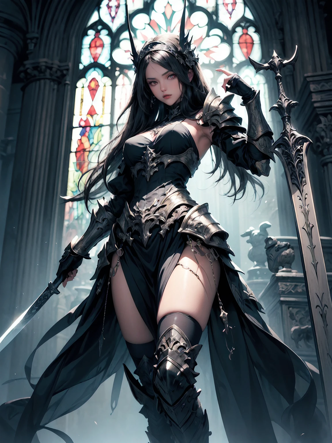 (((masterpiece, best quality, 16k)))A breathtaking artwork of a female character of unimaginable beauty, set in a dark and opulent environment. The full-body view reveals an impressive figure, exuding an aura of power and mystery. She wears black and gold unique armor, radiating a luxurious darkness. Her armor is detailed and characteristic, with intricate golden designs that shimmer in the dim light. Ornate shoulder pads protect her shoulders, and the armor perfectly molds to her body, accentuating her formidable presence.
Her long black hair flows like a river of darkness, contrasting with her mesmerizing scarlet eyes. Her beauty is almost supernatural, a perfect blend of grace and menace. She wields a cursed blade that seems to pulse with malevolent energy, enhancing her aura of danger.
The setting around her is a gothic and luxurious environment, with dark arches and stained glass windows that filter a supernatural light. In the background, candles flicker, casting dancing shadows on the intricately carved stone walls. It is a place that blends elegance and terror, perfectly reflecting the essence of the character.