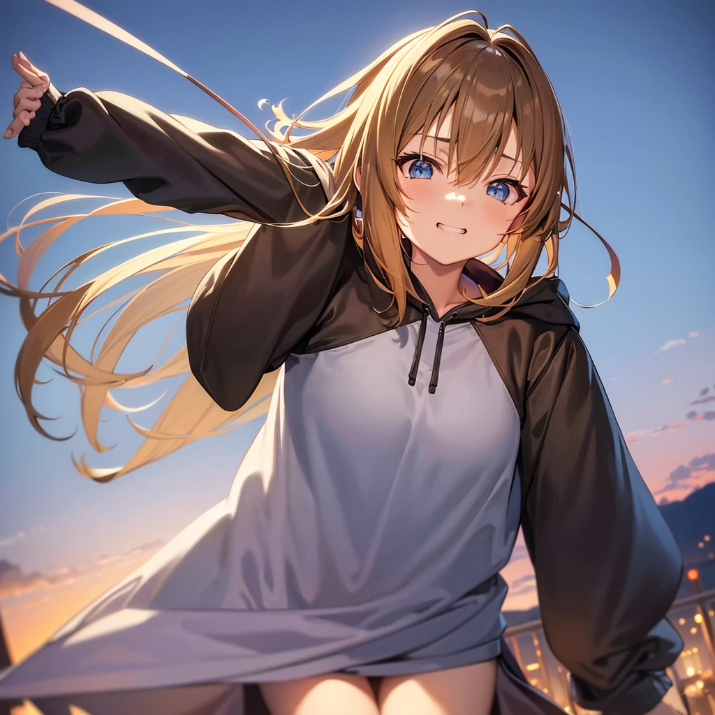 asuna,sao, crown half up hairstyle,, View from below, cool posing, , very short hair, light brown hair, evil grin, animal ears, large breasts, looking over eyeware, jacket|hoodie, black gauze skirt, pale blue Clothes, dusk, dusk sky, landscapes, very fine 8KCG wallpaper,