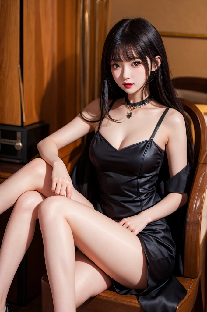 Highest quality,girl,cute,beautiful,Blonde and black hair,Sitting,Brown eyes,Black cabaret dress,