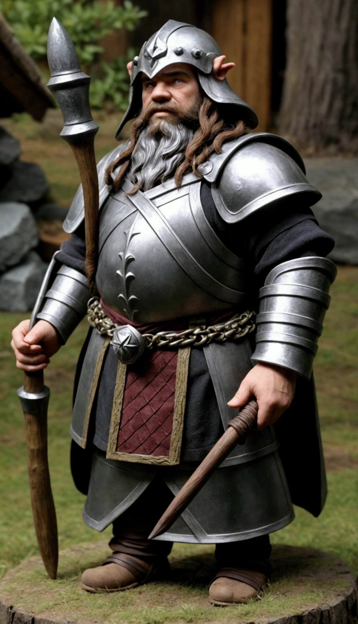 (Masterpiece, Best quality:1.2), Lord of the Rings character with a mattock in hand close-up, stoic beard braided dwarf, Dund Dwarf, portrait of a dwarf merchant, dressed in chain armor and helmet, dwarf, "Dwarves, dwarven, rpg character art, rpg character, D & D fantasy characters, final fantasy tactics character, From Pathfinder, fantasy d&d character, dungeons and dragons character,dark hair