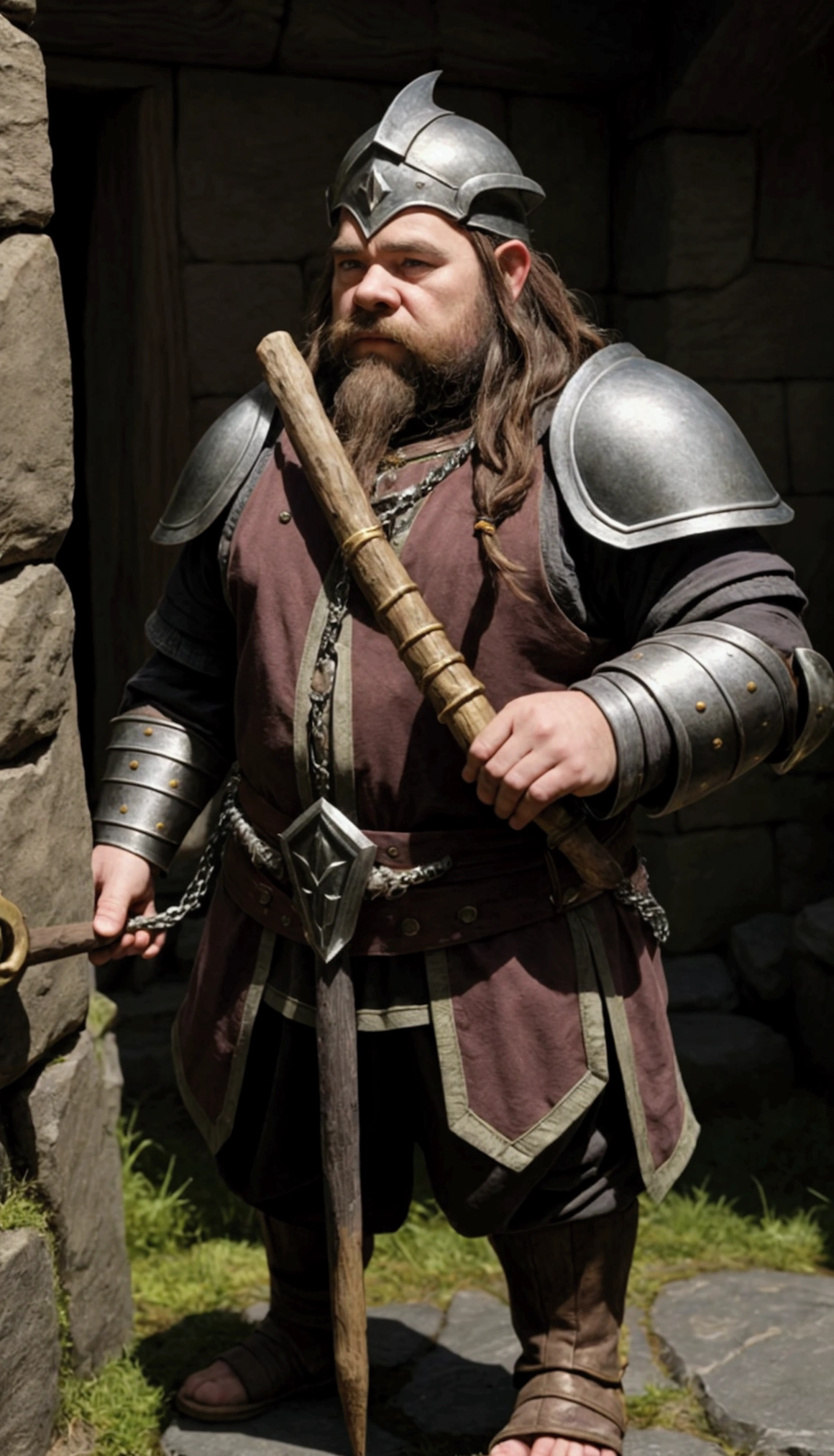 (Masterpiece, Best quality:1.2), Lord of the Rings character with a mattock in hand close-up, stoic beard braided dwarf, Dund Dwarf, portrait of a dwarf merchant, dressed in chain armor and helmet, dwarf, "Dwarves, dwarven, rpg character art, rpg character, D & D fantasy characters, final fantasy tactics character, From Pathfinder, fantasy d&d character, dungeons and dragons character，dark hair