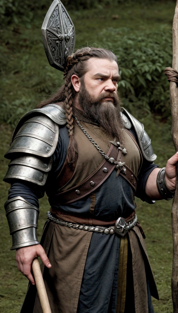 (Masterpiece, Best quality:1.2), Lord of the Rings character with a mattock in hand close-up, stoic beard braided dwarf, Dund Dwarf, portrait of a dwarf merchant, dressed in chain armor and helmet, dwarf, "Dwarves, dwarven, rpg character art, rpg character, D & D fantasy characters, final fantasy tactics character, From Pathfinder, fantasy d&d character, dungeons and dragons character，dark hair