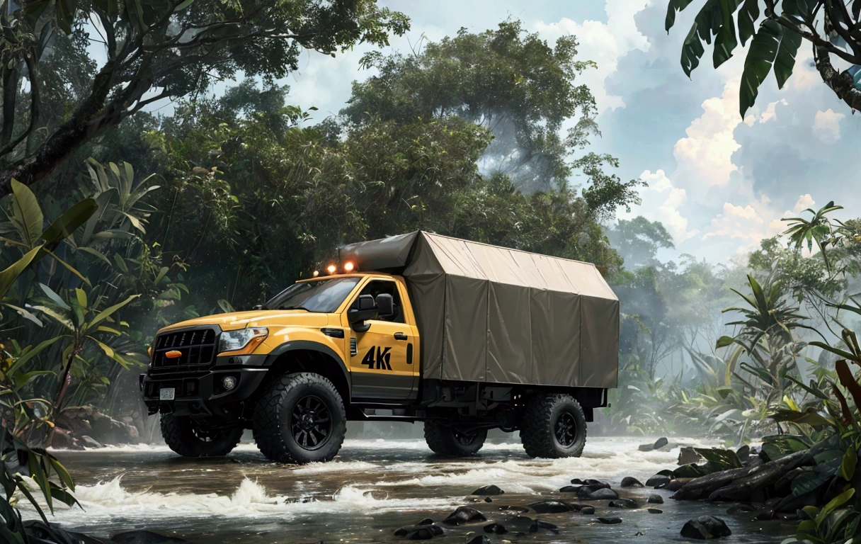 (best quality,4k,8k,highres,masterpiece:1.2),deep jungle, rainstorm, multiple boys exploring the amazon, truck from amazon.com, tiger, historical, wide shot, realistic, hyper-realistic, photorealistic,ultra-detailed,(realistic,photorealistic,photo-realistic:1.37),vivid colors,dramatic lighting,