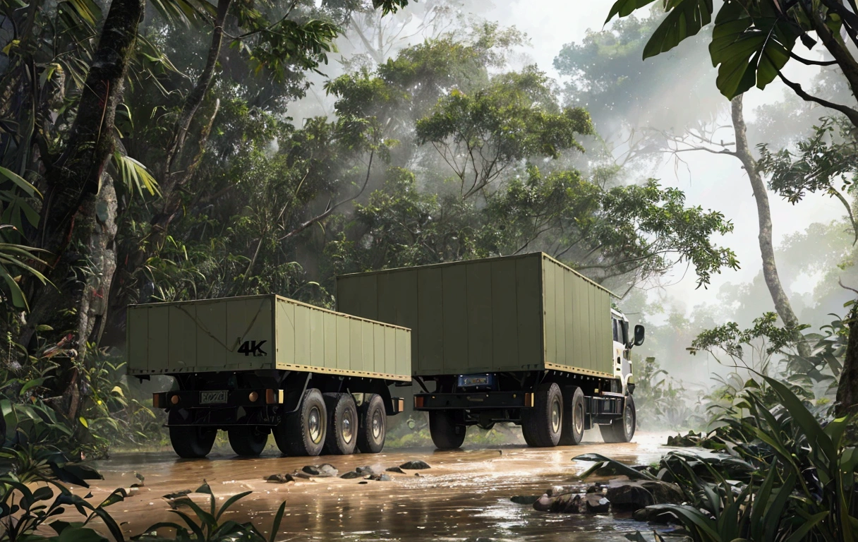 (best quality,4k,8k,highres,masterpiece:1.2),deep jungle, rainstorm, multiple boys exploring the amazon, truck from amazon.com, tiger, historical, wide shot, realistic, hyper-realistic, photorealistic,ultra-detailed,(realistic,photorealistic,photo-realistic:1.37),vivid colors,dramatic lighting,