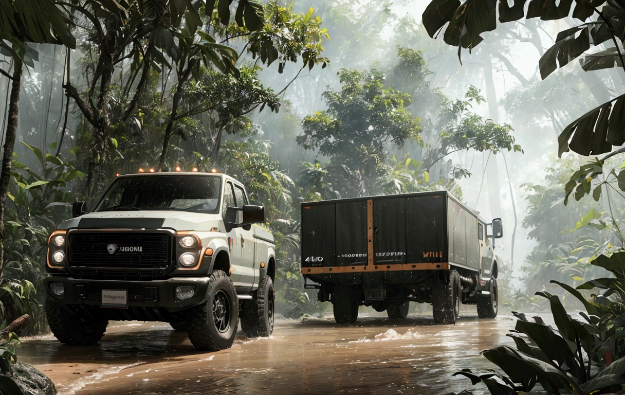 (best quality,4k,8k,highres,masterpiece:1.2),deep jungle, rainstorm, multiple boys exploring the amazon, truck from amazon.com, tiger, historical, wide shot, realistic, hyper-realistic, photorealistic,ultra-detailed,(realistic,photorealistic,photo-realistic:1.37),vivid colors,dramatic lighting,