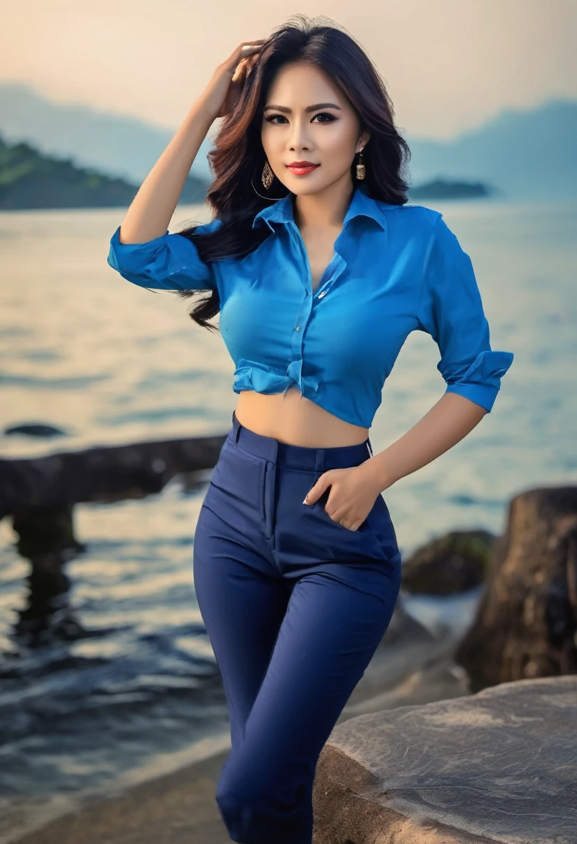 PermBeautiful woman from Java, wearing a sexy blue shirt, blue, short trousers, slim body, she is a beautiful queen. Sea background. Nice picture. Expensive.
