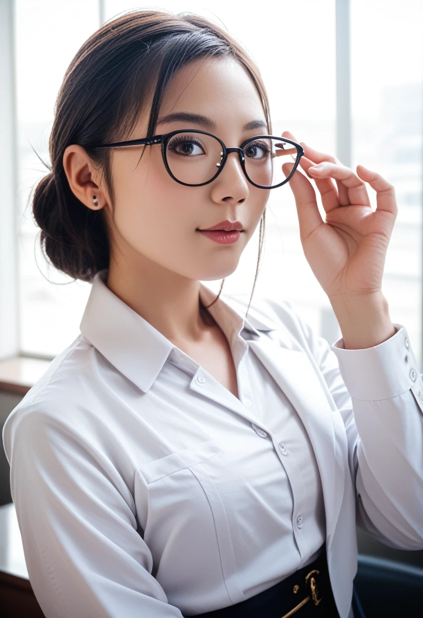8k, raw photo, best quality, masterpiece, realistic, photo realistic, clear, professional lighting, beautiful face, best quality,ultra high res, realistic japanese beautiful, Super detailed, 1girl, clothed, indoor, adjusting eyewear