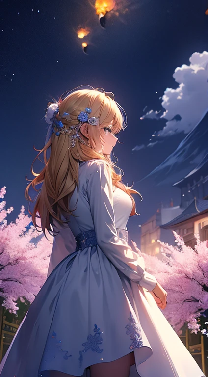 1people々々々々々々々々々,Blonde long-haired woman,Fairy, Dress Silhouette, Rear View,Space Sky, Flower Field,Colorful flowers,Falling Meteor,