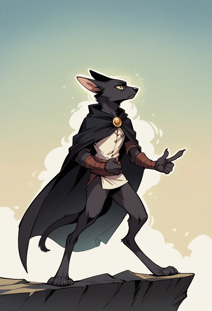 create a picture of an anthropomorphic cat character with black fur and yellow eyes, make his body thin and slender, make him wearing a black closed cloak, make him holding a compound bow, make it in an anime style, give him a short snout, make the cloak look stealthy, make him standing on the edge of a cliff and pointing his bow to the side, give him digitigrade legs with gray paws, don’t add any clothes underneath the cloak