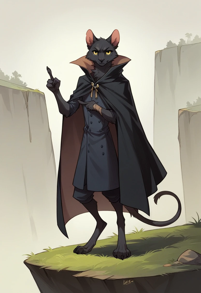 create a picture of an anthropomorphic cat character with black fur and yellow eyes, make his body thin and slender, make him wearing a black closed cloak, make him holding a compound bow, make it in an anime style, give him a short snout, make the cloak look stealthy, make him standing on the edge of a cliff, give him digitigrade legs with gray paws, make him nude underneath the cloak, make it late at night