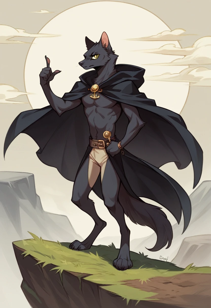 create a picture of an anthropomorphic cat character with black fur and yellow eyes, make his body thin and slender, make him wearing a black closed cloak, make him holding a compound bow, make it in an anime style, give him a short snout, make the cloak look stealthy, make him standing on the edge of a cliff and pointing his bow to the side, give him digitigrade legs with gray paws, don’t add any clothes underneath the cloak