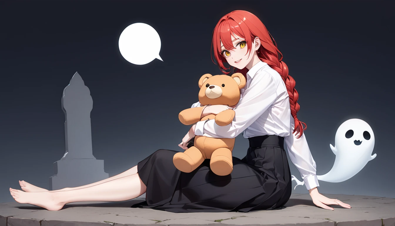 hand, hand, long hair, รอยsmile, smooth, Middle Page, (yellow eyes:1.2), long hair, red hair, braided ponytail, big eyes,นั่วHug a teddy bear,sexy,full body,Sitting position,Hug a teddy bear,smile,flirt,grave background,ghost,วิญญาณ Take a break shirt, long sleeve, white shirt, dress shirt, skirt, black skirt, It&#39;s official., suit, black nightie, lady, Take a break (Masterpiece:1.2), best quality, high resolution, Harmony wallpaper 8K, (illustration:0.8), (Beautifully detailed eyes:1.6), Very detailed face, perfect lighting, The CG is very detailed., (handที่สมบูรณ์แบบ, perfect anatomy),