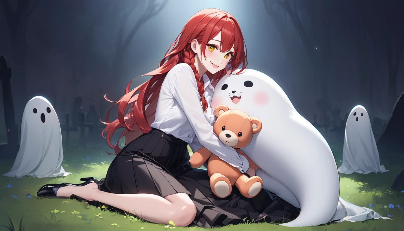 hand, hand, long hair, รอยsmile, smooth, Middle Page, (yellow eyes:1.2), long hair, red hair, braided ponytail, big eyes,นั่วHug a teddy bear,sexy,full body,Sitting position,Hug a teddy bear,smile,flirt,grave background,ghost,วิญญาณ Take a break shirt, long sleeve, white shirt, dress shirt, skirt, black skirt, It&#39;s official., suit, black nightie, lady, Take a break (Masterpiece:1.2), best quality, high resolution, Harmony wallpaper 8K, (illustration:0.8), (Beautifully detailed eyes:1.6), Very detailed face, perfect lighting, The CG is very detailed., (handที่สมบูรณ์แบบ, perfect anatomy),