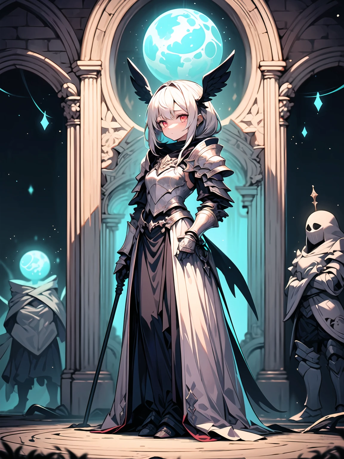 ((full body shot)) of a girl in detailed black gothic battle armor, standing in a completely dark environment. She has long white hair and glowing red eyes, with black angel wings, tattoos, and piercings. Her battle armor is intricately designed, revealing her bellybutton. She is holding a glowing orb of energy in her hands, which emits a soft, ethereal light. Surrounding her are numerous small lights in shades of {blue|purple}, casting a faint glow similar to candlelight. The only illumination comes from the orb and the particles around her. The atmosphere is {mysterious|otherworldly}, with a misty haze drifting around her feet. The ground beneath her is reflective, creating a mirrored effect that adds to the surreal ambiance. Subtle textures of ancient, worn stones and creeping vines can be seen in the background, hinting at a hidden, gothic castle. The scene is quiet and enigmatic, with her face partially obscured by the hood, her eyes focused intently on the luminous orb. She holds an intricately designed staff made of wood with metallic parts and embedded jewels. [Best quality], [Masterpiece], [Ultra-detailed], [4k], {serene|intense} atmosphere, gothic castle, {dynamic pose|relaxed pose}, complete darkness, {soft shadows|dramatic lighting}, {reflected light on the ground:0.7}, {misty haze:0.6}, {glowing plants:0.5}, {creeping vines:0.4}, {ancient stones:0.3}.