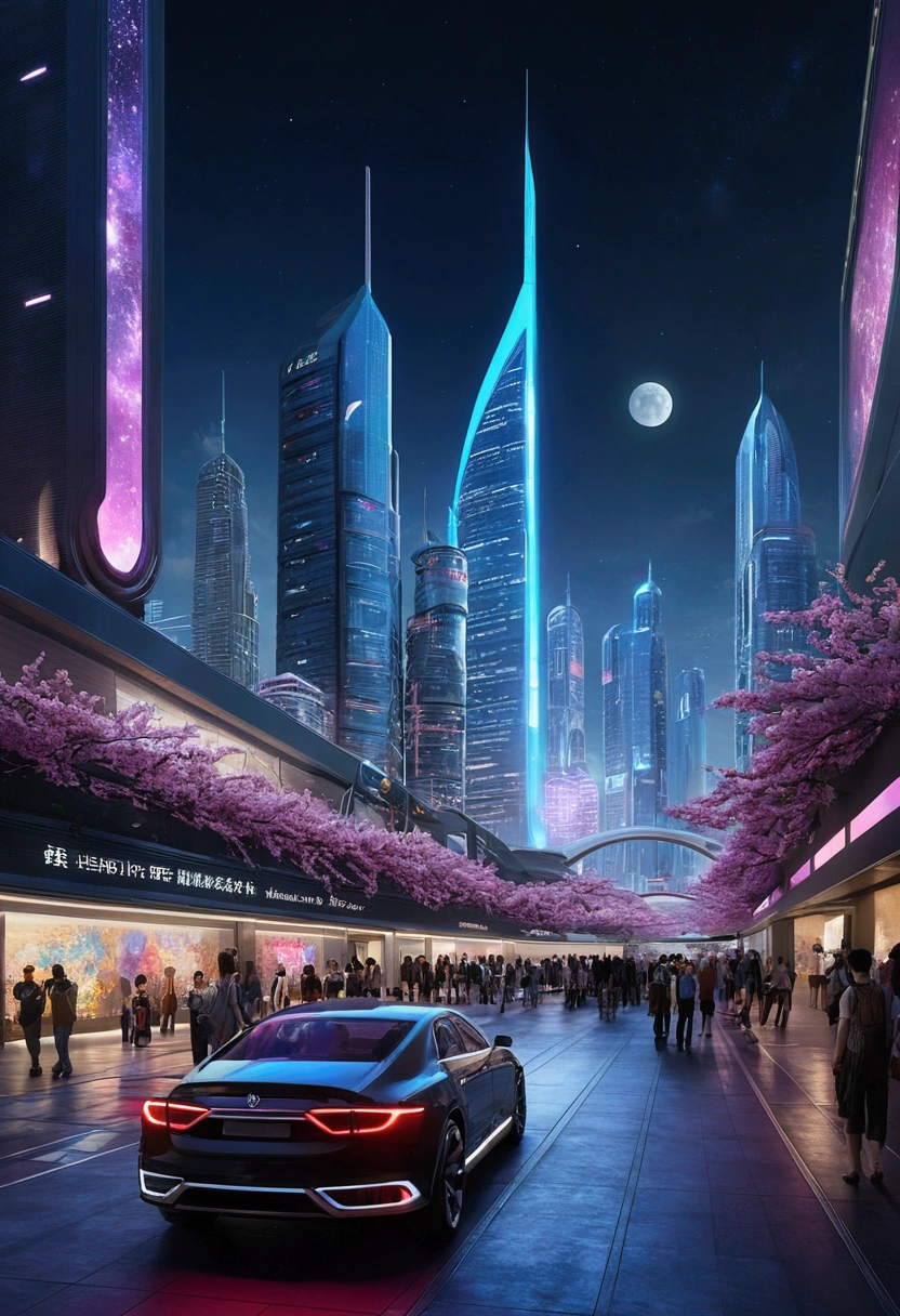 (nebula hyper nebula starry sky_Sky Moonset Magnificent Moonrise Wide々Clear moonlight) In this futuristic image of a city at night,We were taken to a city full of technology and innovation.。Skyscrapers towering into the night sky shine with neon lights,Draw colorful lines。The facades of these buildings are covered with reflective materials.,Reflect ambient light,Create a futuristic atmosphere。 On the streets of the city,Self-driving cars and airplanes fly everywhere,Leaving colorful trails in the night sky。These vehicles are made of smooth metal and transparent materials,Technology and the future。people々wear fashionable clothes,Wearing smart glasses and bracelets,Technology Integration。 The city centre is huge,Giant water screen projection,Displays a variety of beautiful images and animations。水のカーテンの投影を囲むpeople々,Explore art and technology exhibits that create unique interactive experiences。Surrounded by green spaces,Planting the future,These plants emit a faint fluorescence,Adding vibrancy and natural flair to the city。 Far away in the photo,You can see a huge spaceport.,The spaceship takes off,宇宙の未知の領域にpeople々Carry。The spaceport's architectural design is unique,Full of curves and streamlined elements,A sense of futuristic technology。 A futuristic and technologically advanced overview,Showcasing a future city full of innovation and imagination。This painting has great attention to detail,Full of imagination and creativity, full of color,people々makes you feel like you're in a futuristic world full of technological wonders., (Cyberpunk night❤heart view, Super detailed, Intricate details, Dark color, Realistically, masterpiece, Cinema Lighting, Bokeh, Unreal Engine 5, Rendering with Octane, Movie smoothing , Reflection Luminescence Crystal Glow Hearth) Blossoms、Flower decorations bring out the magic、It is diverse, with many rulers changing.. --v 6 --s 1000 --c 20 --q 20 --chaos 100