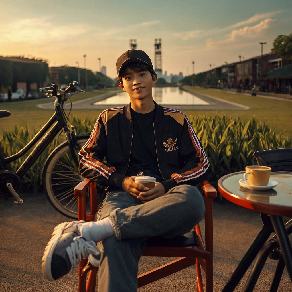 Cinematic photo of a young man from Indonesia with close-cropped hair, baseball cap, black t-shirt, red and white striped jacket with the 'adidas' logo, long jeans, sneakers, sitting on a long chair, there is a table with a cup of cafe shop coffee, in front of the park, bring a bicycle, and a calm view. The sky is the color of dusk, and the sun casts a warm golden glow across the stunning view while smiling at the camera