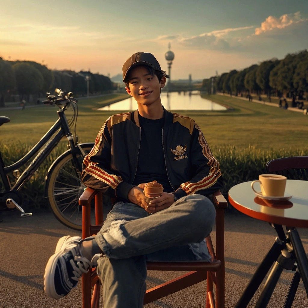 Cinematic photo of a young man from Indonesia with close-cropped hair, baseball cap, black t-shirt, red and white striped jacket with the 'adidas' logo, long jeans, sneakers, sitting on a long chair, there is a table with a cup of cafe shop coffee, in front of the park, bring a bicycle, and a calm view. The sky is the color of dusk, and the sun casts a warm golden glow across the stunning view while smiling at the camera