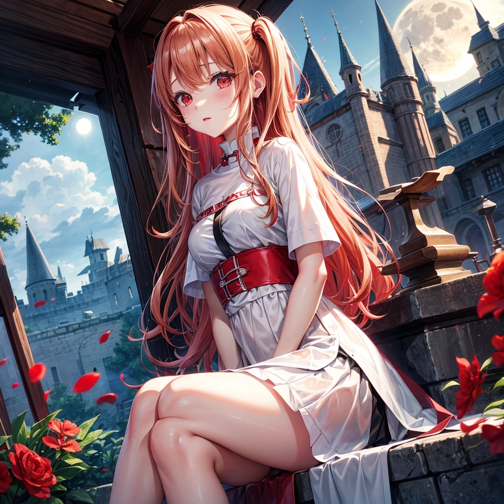 Red-blonde、Red eyes、One cute girl、solo、And soul、Light clothing、Checked mini skirt、petal、Wet hair、Sit on、black t-shirts、large tree、cloud、full moon、monster castle、lanthanum、Hell's Gate、Craft Gatekeeper、barefoot、Stones are piled up、Devil、Teeth are visible、Secret Treasure