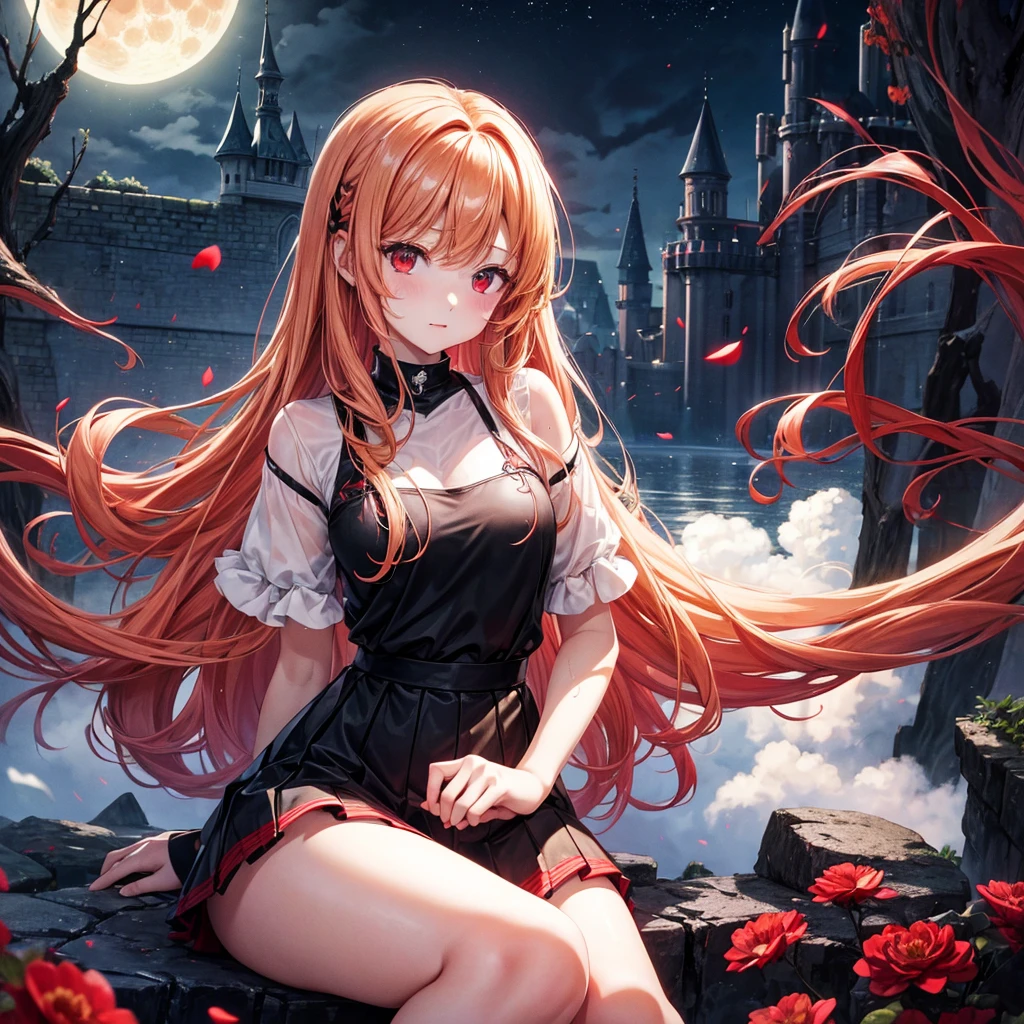 Red-blonde、Red eyes、One cute girl、solo、And soul、Light clothing、Checked mini skirt、petal、Wet hair、Sit on、black t-shirts、large tree、cloud、full moon、monster castle、lanthanum、Hell&#39;s Gate、Craft Gatekeeper、barefoot、Stones are piled up、Devil、Teeth are visible、Secret Treasure