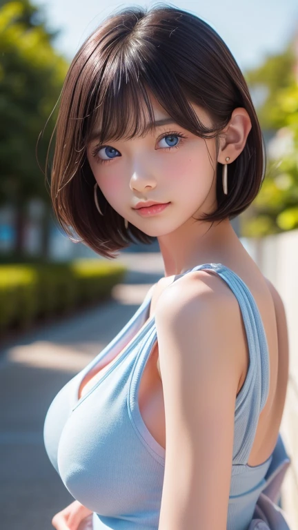 ((software: 1.4)), ((Detailed face, Professional photography)), ((software, Super Short Hair, side lock hair, blonde, big, Clear sky blue eyes, Earrings, 1 girl,very soft big breasts)), Ultra-high resolution, (Realistic: 1.4), RAW Photos, Highest quality, (PhotoRealistic Stick), concentrate, Soft Light, (()), (( (Young Face))), (surface), (Written boundary depth), masterpiece, (Realistic), woman, bangs, ((1 girl))