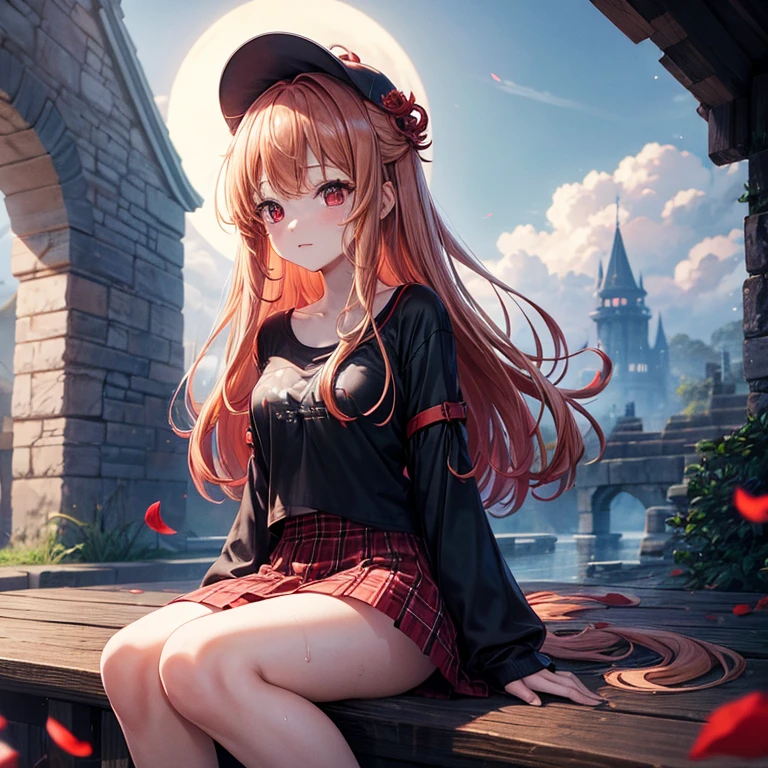 Red-blonde、Red eyes、One cute girl、solo、And soul、Light clothing、Checked mini skirt、petal、Wet hair、Sit on、black t-shirts、large tree、cloud、full moon、monster castle、lanthanum、Hell's Gate、Craft Gatekeeper、barefoot、Stones are piled up、Devil、Teeth are visible、Secret Treasure