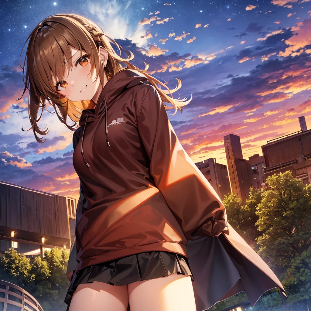 asuna,sao, crown half up hairstyle,, View from below, cool posing, , very short hair, light brown hair, evil grin, animal ears, large breasts, looking over eyeware, jacket|hoodie, black gauze skirt, red Clothes, dusk, dusk sky, landscapes, very fine 8KCG wallpaper,