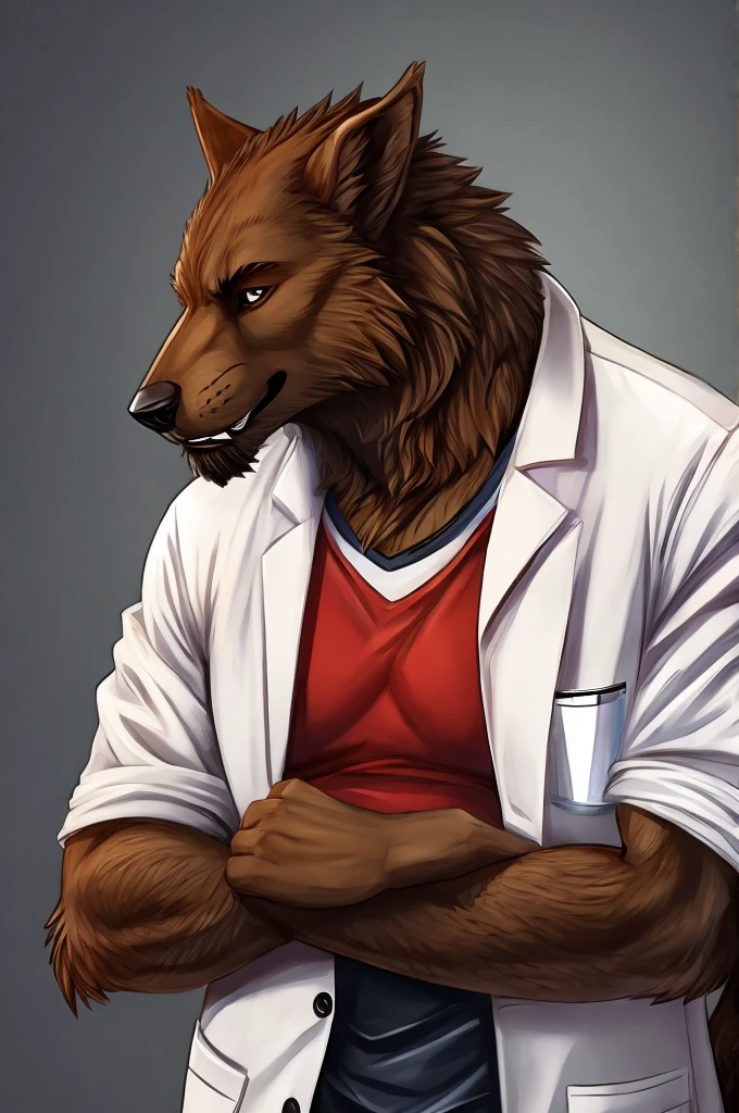 BrownWerewolf put on a scientist’s shirt