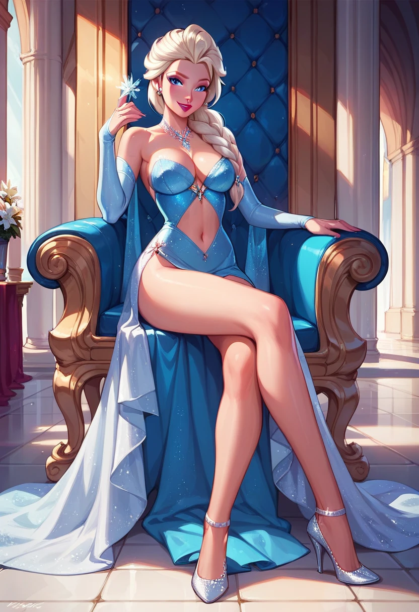 score_9,score_8_up,score_7_up,score_6_up, Elsa, elegant, navel, high heels, on the throne, in the palace.