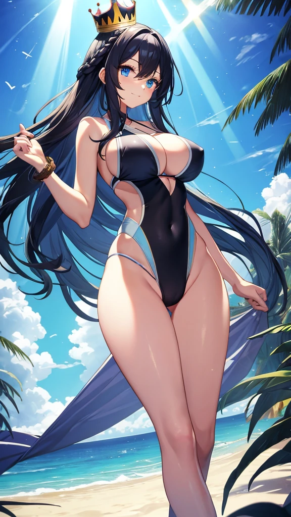 best quality, extremely detailed,anime style girl,long hair down to the waist, straight hair, ((dark black hair with bluish)),((crown braid)),beautiful detailed eyes, pinched eyes, (dark blue eyes),huge breasts,curvy,((((Mystical atmosphere transparency swimwear)))),clothing with complex patterns,smile,((((beach)))),Sunlight,((((Diagonal angle)))),dynamic angle,((active pose))