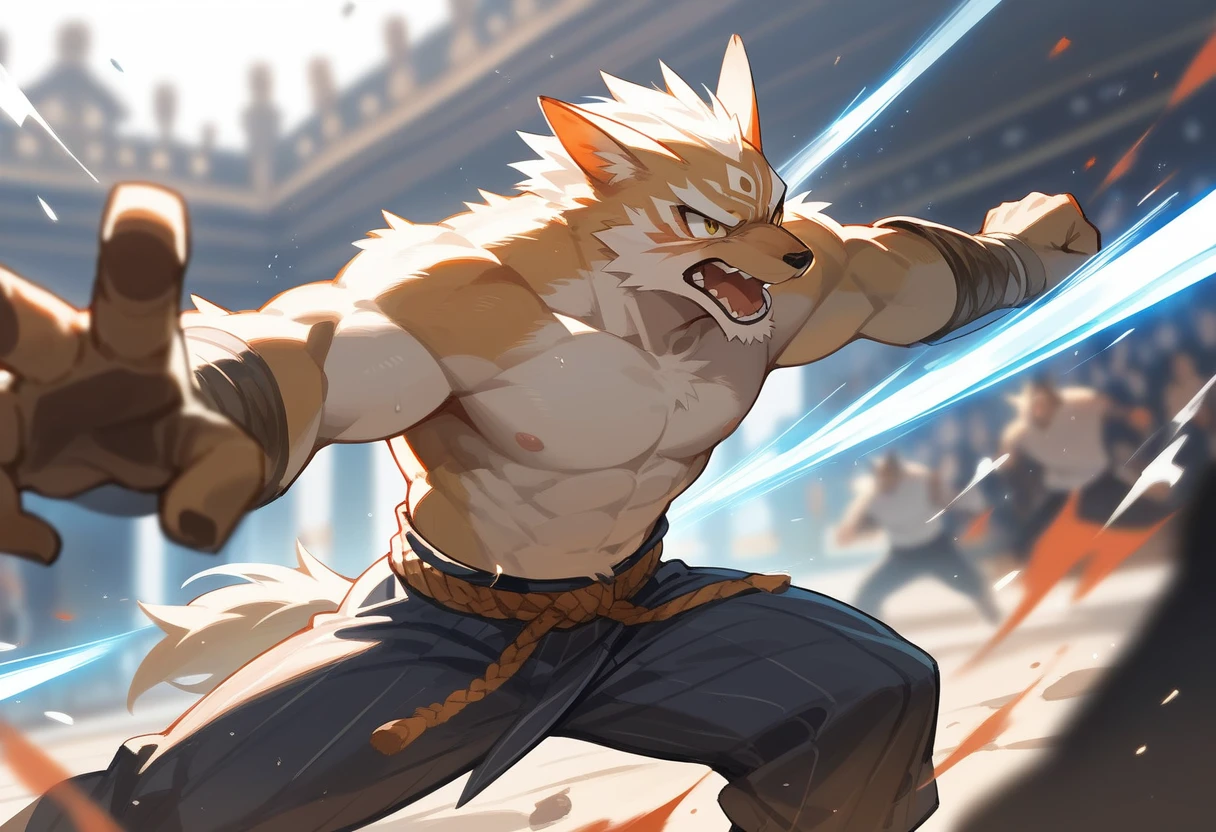 top quality, high-quality illustrations((masterpiece))depth of field, motion blur, absurdres, Perfect Anatomy, magnificent picture of kemono fighting fierce battles, kemono, 1boy, solo focus, Anthro((dramatic))epic, weapon, dynamic pose, One scene of movie,