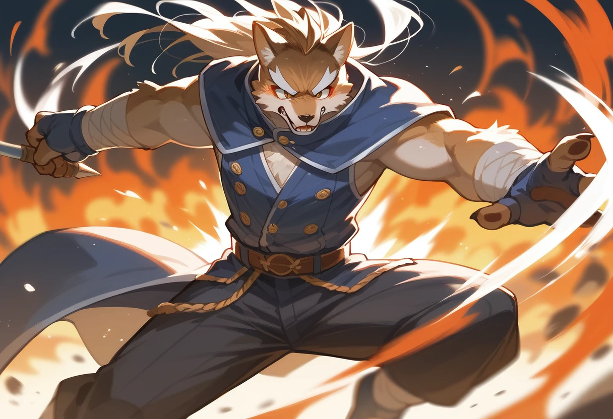 top quality, high-quality illustrations((masterpiece))depth of field, motion blur, absurdres, Perfect Anatomy, magnificent picture of kemono fighting battles, kemono, 1boy, solo focus, Anthro((dramatic))epic, weapon, dynamic pose, One scene of movie,