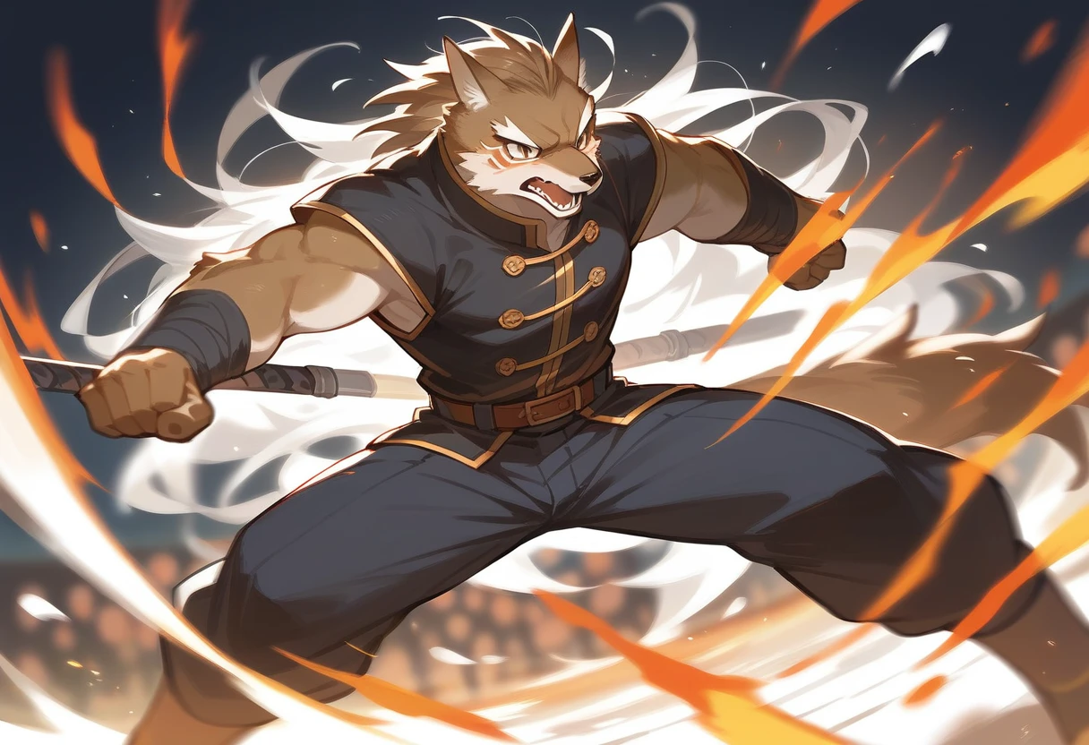 top quality, high-quality illustrations((masterpiece))depth of field, motion blur, absurdres, Perfect Anatomy, magnificent picture of kemono fighting fierce battles, kemono, 1boy, solo focus, Anthro((dramatic))epic, weapon, dynamic pose, One scene of movie,