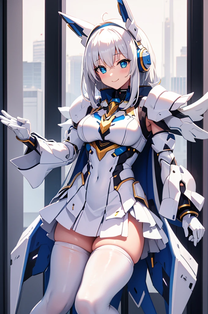 mecha wings、white and yellow skirt、Accentuated thighs、White tights、chest、Beautiful white hair、1 girl、solo girl、Thick thighs、IS、Frame Arms Girl、Alice Gere Aegis、White Armor、income、headphone、hand on own chest、smile、Idol Costume