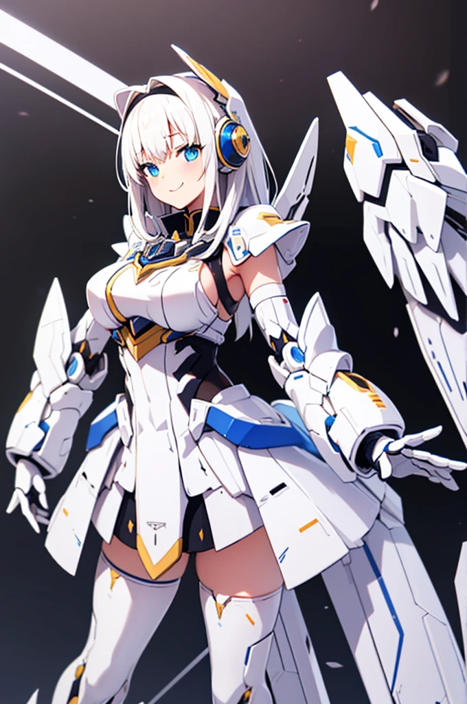 mecha wings、white and yellow skirt、Accentuated thighs、White tights、chest、Beautiful white hair、1 girl、solo girl、Thick thighs、IS、Frame Arms Girl、Alice Gere Aegis、White Armor、income、headphone、hand on own chest、smile、Idol Costume