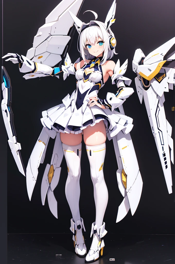 mecha wings、white and yellow skirt、Accentuated thighs、White tights、chest、Beautiful white hair、1 girl、solo girl、Thick thighs、IS、Frame Arms Girl、Alice Gere Aegis、White Armor、income、headphone、hand on own chest、smile、Idol Costume