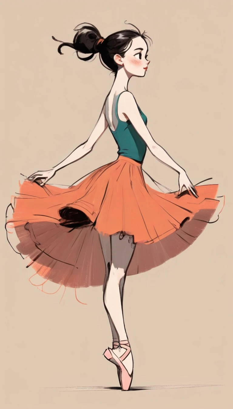 (((Exaggerated digital character sketches:1.37))).(1 Girl，Double tail，Ballet skirt，Oversized skirt，Fluffy skirt)，(Black sketch lines，Loose brushstrokes create the outline， Bright colors and simplified lines, sketch)。(Exaggerated body movements),