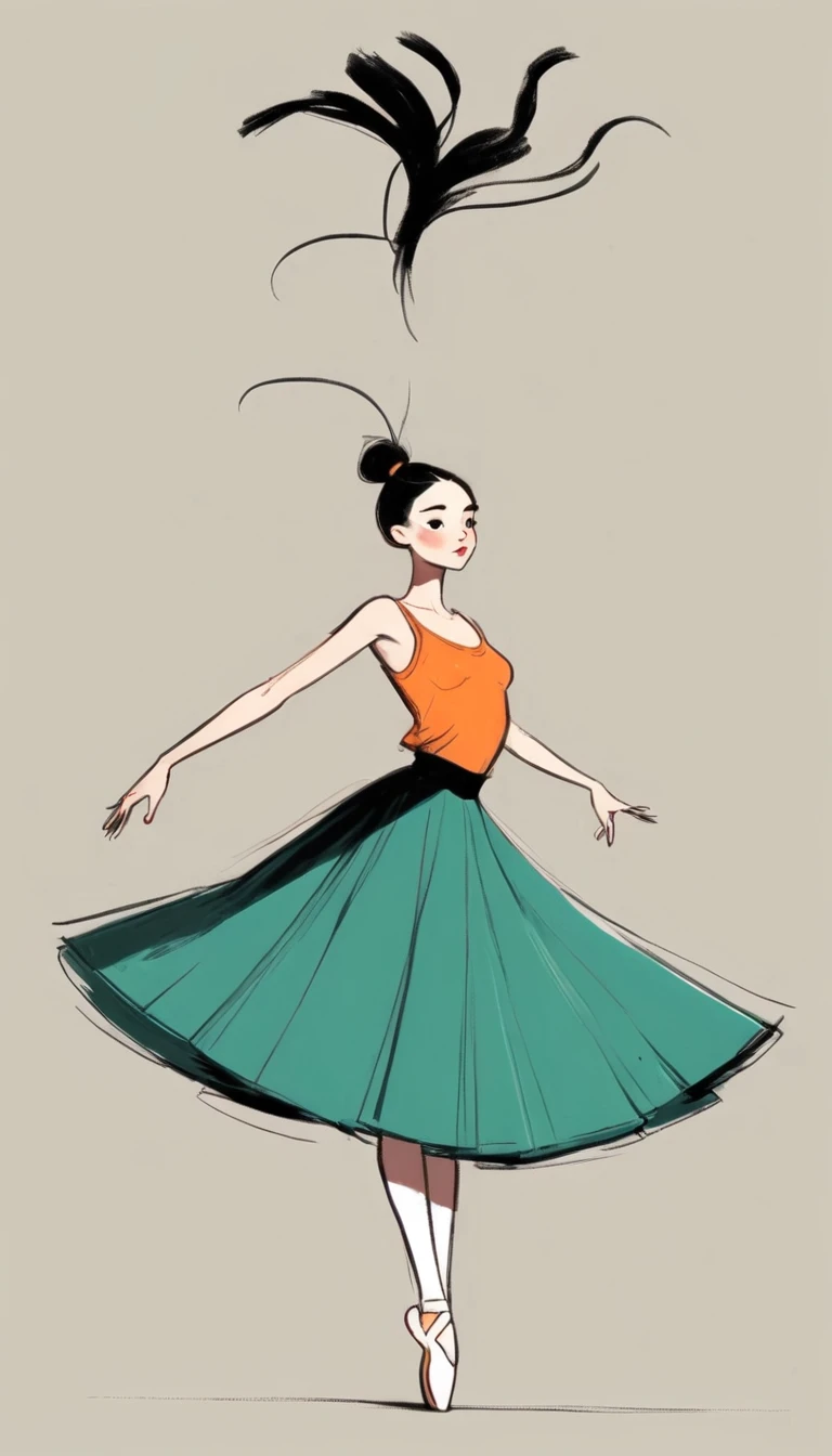 (((Exaggerated digital character sketches:1.37))).(1 Girl，Double tail，Ballet skirt，Oversized skirt，Fluffy skirt)，(Black sketch lines，Loose brushstrokes create the outline， Bright colors and simplified lines, sketch)。(Exaggerated body movements),