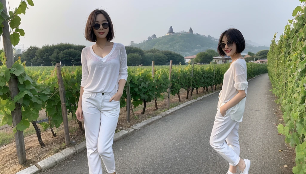 8k realistic, lifelike photo,, 36 year old Korean woman, Short in stature, pretty like a model. front view, White shirt and short cardigan, casual pants, short medium hair, Smiley, Italy. vineyard, thick dawn fog. vineyard 지나 smother 속으로 저 멀리 성당이 보인다. Full body shot from afar with a wide angle lens , 1 woman, Short in stature, looking at the camera, Excellent picture quality, The morning fog is thick, The picture quality is alive. Full body shot with Canon 16-35 wide angle lens, Put on sunglasses and look to the side. smother
