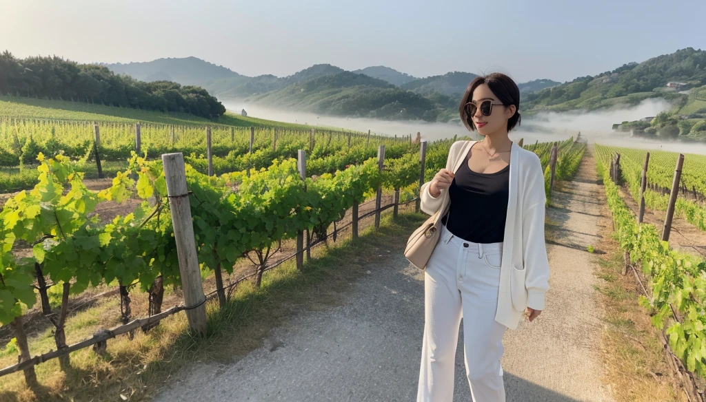 8k realistic, lifelike photo,, 36 year old Korean woman, Short in stature, pretty like a model. front view, White shirt and short cardigan, casual pants, short medium hair, Smiley, Italy. vineyard, thick dawn fog. vineyard 지나 smother 속으로 저 멀리 성당이 보인다. Full body shot from afar with a wide angle lens , 1 woman, Short in stature, looking at the camera, Excellent picture quality, The morning fog is thick, The picture quality is alive. Full body shot with Canon 16-35 wide angle lens, Put on sunglasses and look to the side. smother