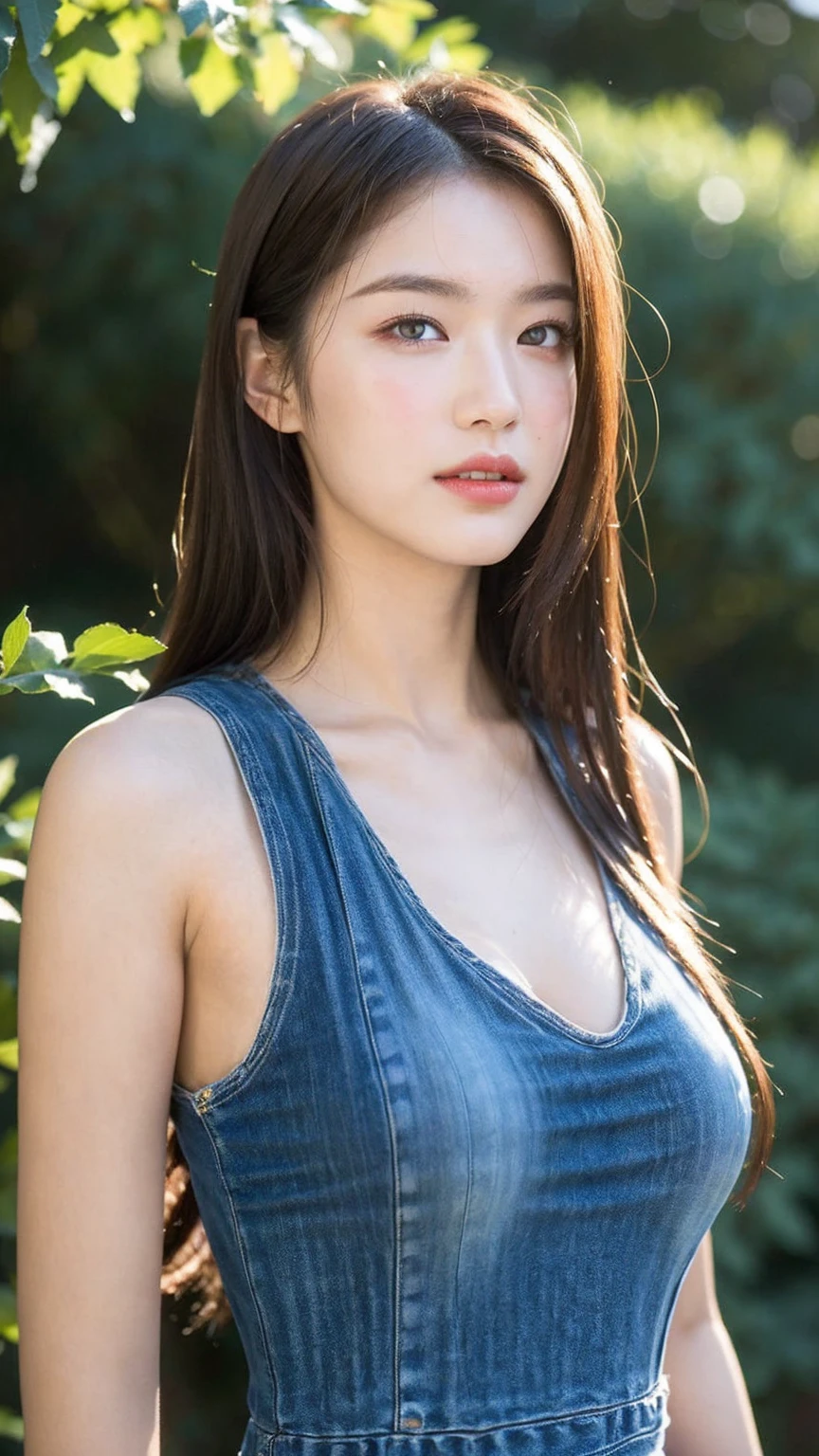 ((Best quality, 8k, masterpiece:1.3)),1girl,18 years old,Asian,Real texture:1.3,(Background blur:1.3),Dress Up,Tall and slender figure:1.2,(Hot summer weather),(garden:1.3),Highly detailed face and skin textures,Exquisite eyes,Long eyelashes,Double eyelids,Skin Whitening,happy,Beautiful breasts