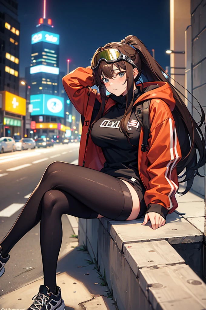 brown hair, tall, long hair, large black hoodie, large breasts, black leggings, vagina, ski goggles perched on hair, cute, sexy, whore, slut, 18 years old, blushing, black tennis shoes, sexy legs, long legs, city, streets, big city, nighttime, neon, alone, lonely, isolated, no underwear, sitting down, spreading legs, vagina showing, embarrassed, nsfw, spreading legs, ponytail,