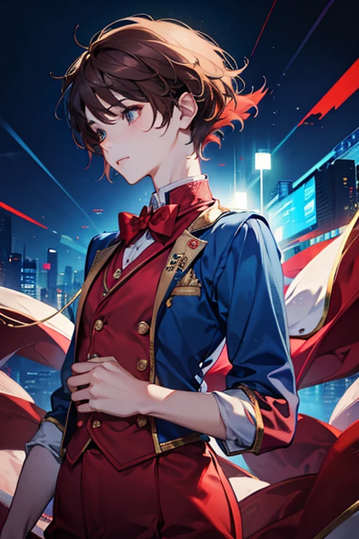 Femboy, short brown hair, student, sweet pose, red and blue outfit, close up shot, guy