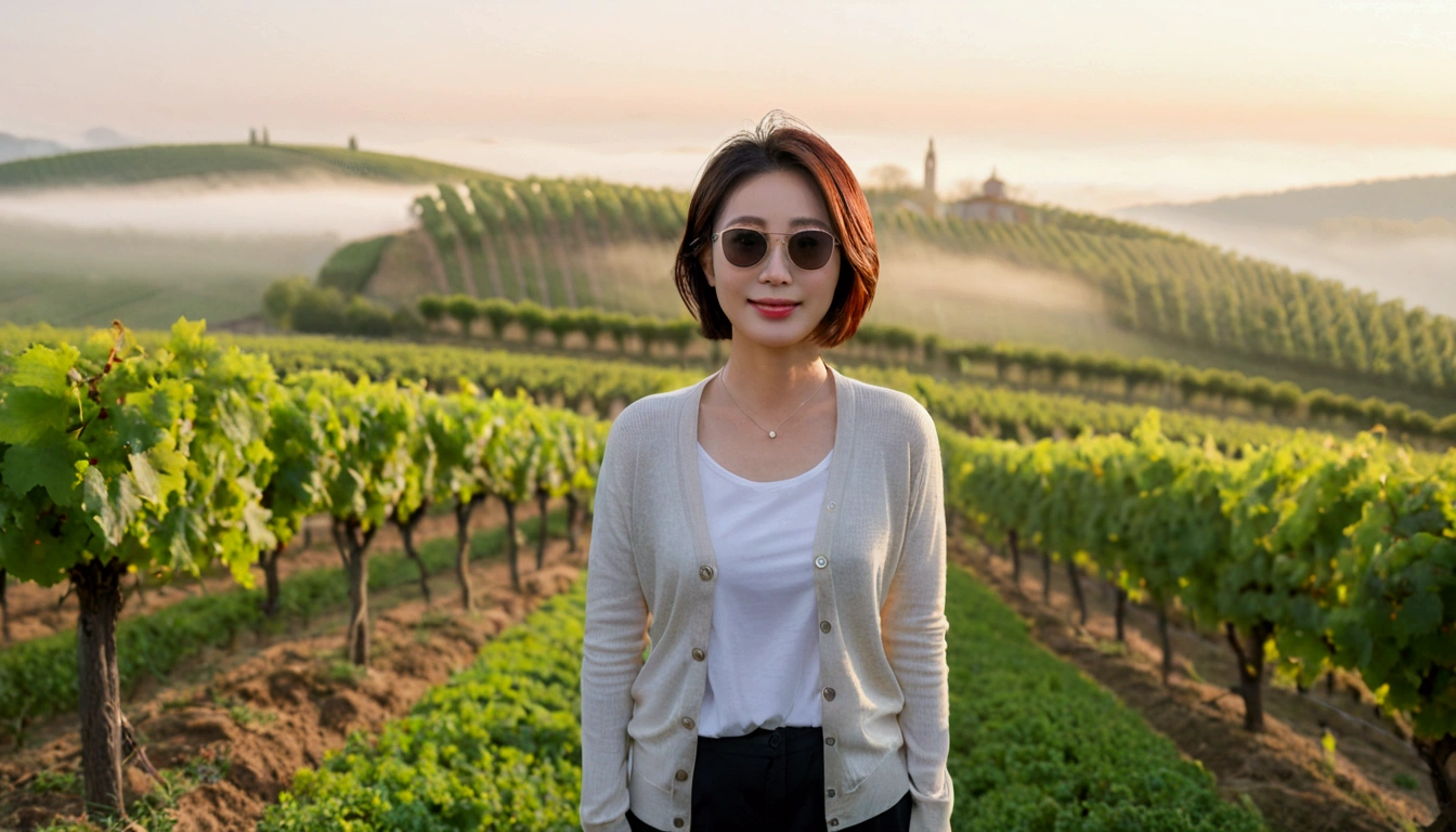 8k realistic, lifelike photo,, 36 year old Korean woman, Short in stature, pretty like a model. front view, white shirt and short cardigan, casual pants, short medium hair, smiling, Italy. vineyard, thick dawn fog. vineyard 지나 smother 속으로 저 멀리 성당이 보인다. Full body shot from afar with a wide angle lens , 1 woman, Short in stature, looking at the camera, superb picture quality, The morning fog thickens, The picture quality is alive.. Full body shot with Canon 16-35 wide angle lens, Wearing sunglasses with black horns and looking to the side., The cathedral is visible in the red morning sunlight.., standing on the hill, smother
