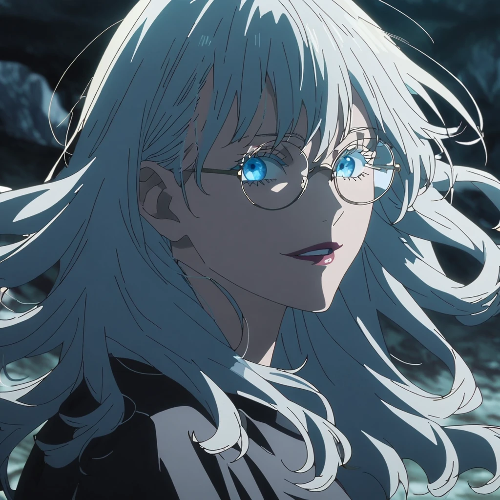 1girl, female gojo satoru, anime screencap from jujutsu kaisen, gojo satoru female version, solo, long_hair, round_eyewear, glasses, blue_eyes, white eyelashes, parted_lips, smiling, looking_at_viewer, side view, white_hair, bangs, eyelashes, face portrait, black_shirt, shirt, hair_between_eyes, floating hair, (curly hair) ((moonlight on the character))